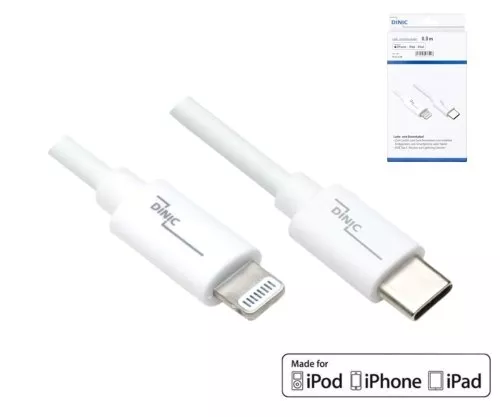 Kabel USB C do Lightning, MFi, škatla, bel, 0,50 m, s certifikatom MFi, kabel za sinhronizacijo in hitro polnjenje